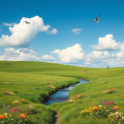 A serene landscape featuring a lush green meadow under a clear blue sky with fluffy white clouds