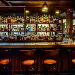 An atmospheric interior of a vintage bar with dimmed lights, oak countertops, high bar stools, and a variety of colorful bottles on wall-mounted shelves.