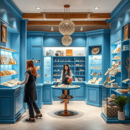 Design a small blue store specializing in imitation jewelry