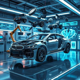 Generate an image featuring a futuristic scene where a car is being disassembled or deconstructed, with parts floating in mid-air