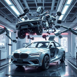 Generate an image featuring a futuristic scene where a car is being disassembled or deconstructed, with parts floating in mid-air