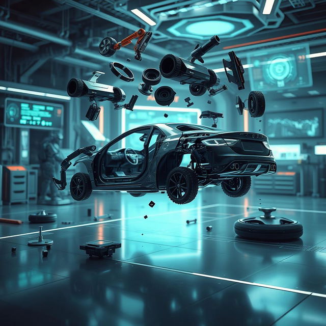 Generate an image featuring a futuristic scene where a car is being disassembled or deconstructed, with parts floating in mid-air