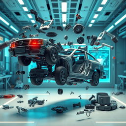 Generate an image featuring a futuristic scene where a car is being disassembled or deconstructed, with parts floating in mid-air