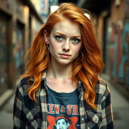 A young woman with ginger hair and brown eyes stands confidently, showcasing her grunge 1990s-inspired outfit