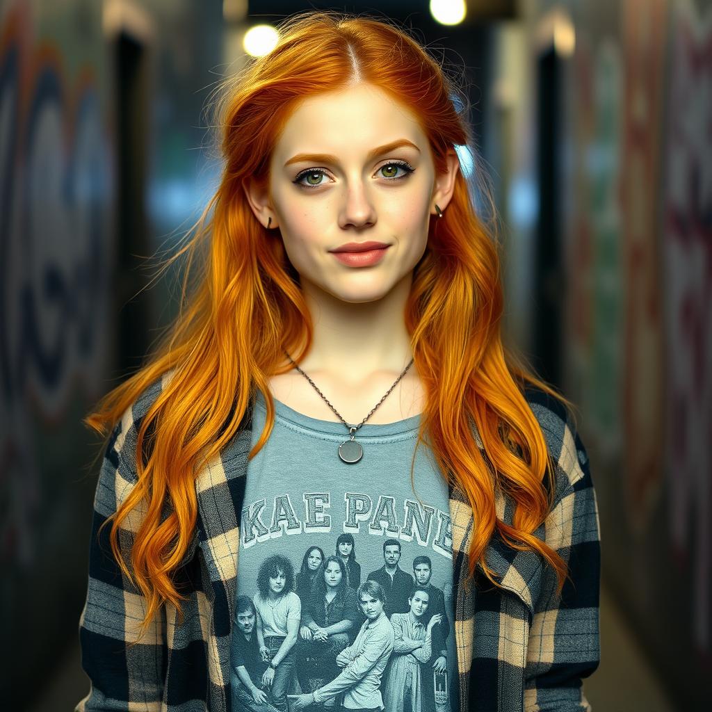 A young woman with ginger hair and brown eyes stands confidently, showcasing her grunge 1990s-inspired outfit