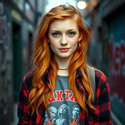 A young woman with ginger hair and brown eyes stands confidently, showcasing her grunge 1990s-inspired outfit