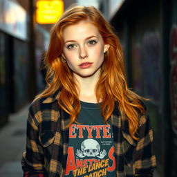 A young woman with ginger hair and brown eyes stands confidently, showcasing her grunge 1990s-inspired outfit