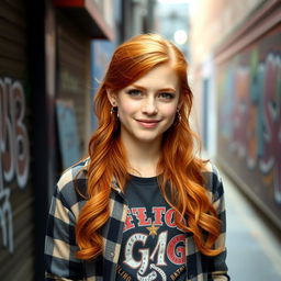 A young woman with ginger hair and brown eyes stands confidently