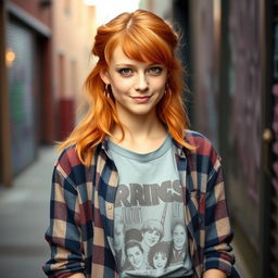 A young woman with ginger hair and brown eyes stands confidently