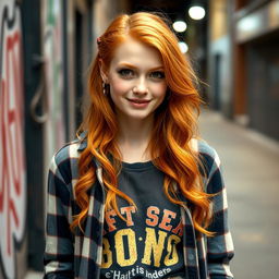 A young woman with ginger hair and brown eyes stands confidently