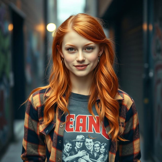 A young woman with ginger hair and brown eyes stands confidently