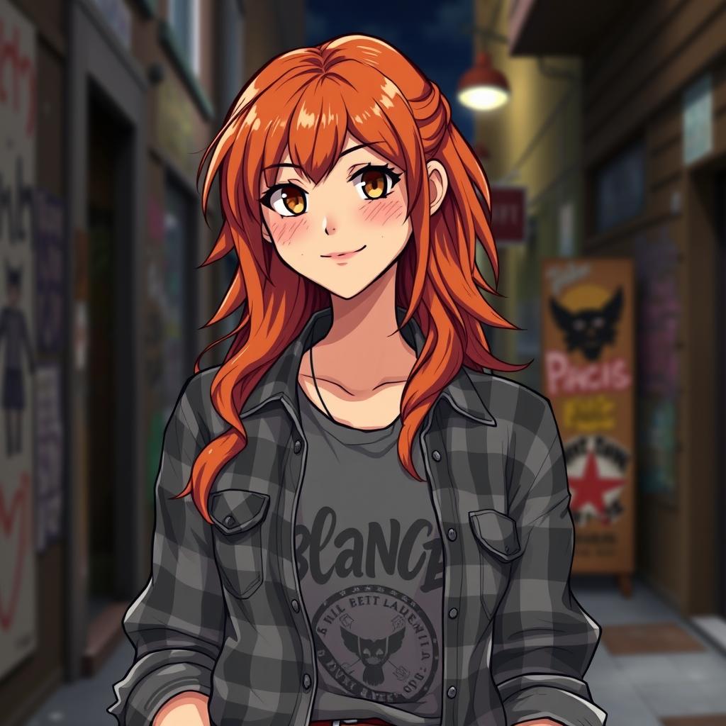 An anime-style young woman with ginger hair and brown eyes stands confidently