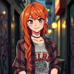 An anime-style young woman with ginger hair and brown eyes stands confidently