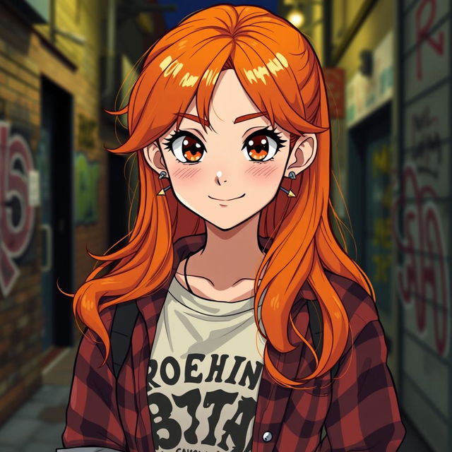 An anime-style young woman with ginger hair and brown eyes stands confidently