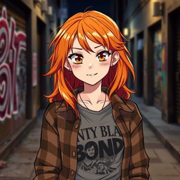 An anime-style young woman with ginger hair and brown eyes stands confidently