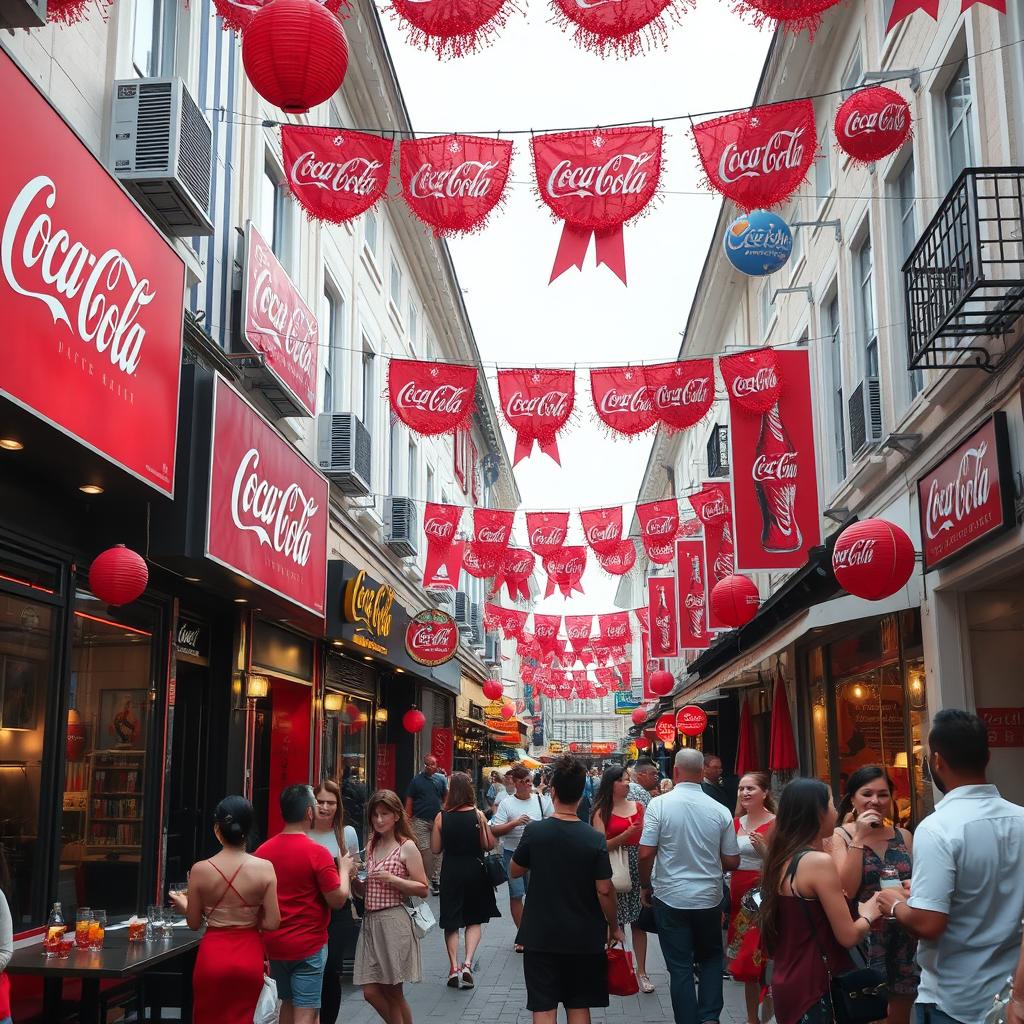 A lively street decorated with Coca Cola themes