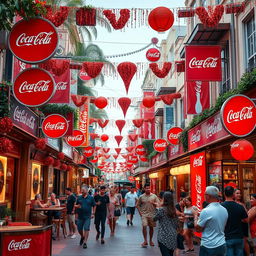 A lively street decorated with Coca Cola themes