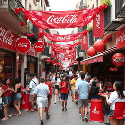 A lively street decorated with Coca Cola themes