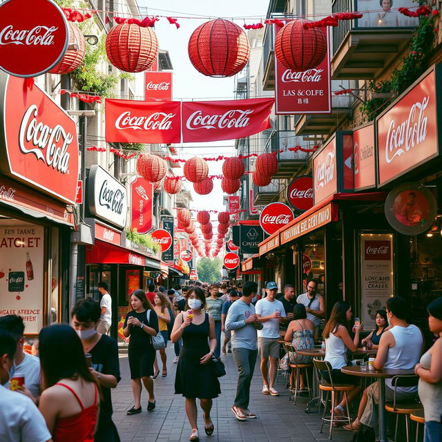 A lively street decorated with Coca Cola themes