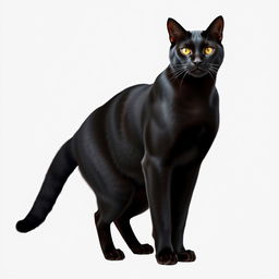 A muscular black cat standing confidently with well-defined muscles, sleek fur, and a powerful stance