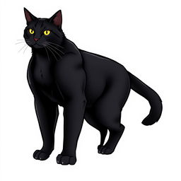 A muscular black cat standing confidently with well-defined muscles, sleek fur, and a powerful stance