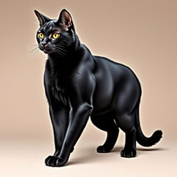 A muscular black cat standing confidently with well-defined muscles, sleek fur, and a powerful stance