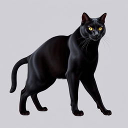 A muscular black cat standing confidently with well-defined muscles, sleek fur, and a powerful stance