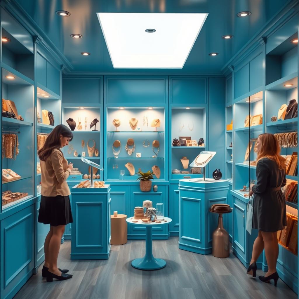 Design a small blue store specializing in imitation jewelry