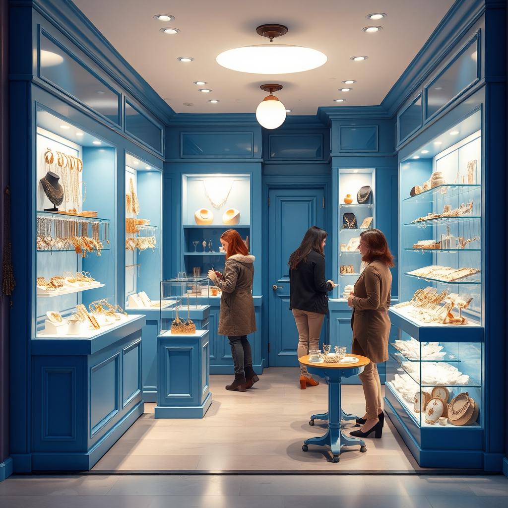 Design a small blue store specializing in imitation jewelry