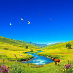 A serene landscape with a clear blue sky, rolling green hills, and a sparkling river flowing through the middle