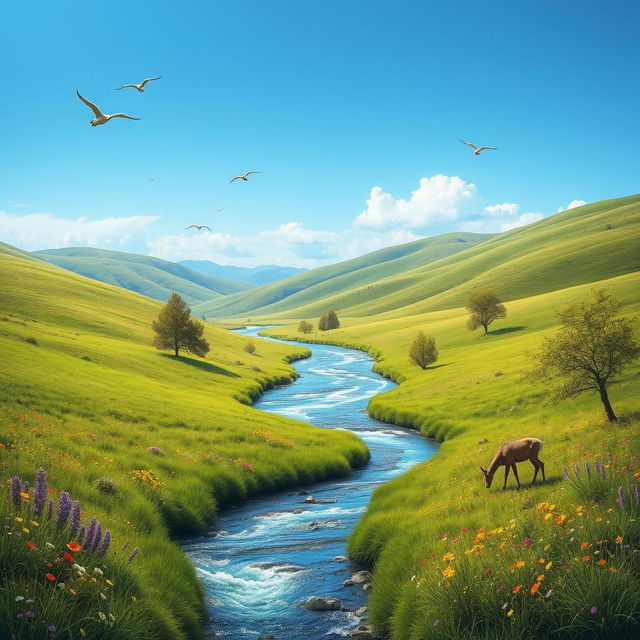 A serene landscape with a clear blue sky, rolling green hills, and a sparkling river flowing through the middle