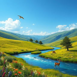 A serene landscape with a clear blue sky, rolling green hills, and a sparkling river flowing through the middle