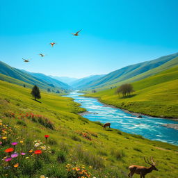 A serene landscape with a clear blue sky, rolling green hills, and a sparkling river flowing through the middle