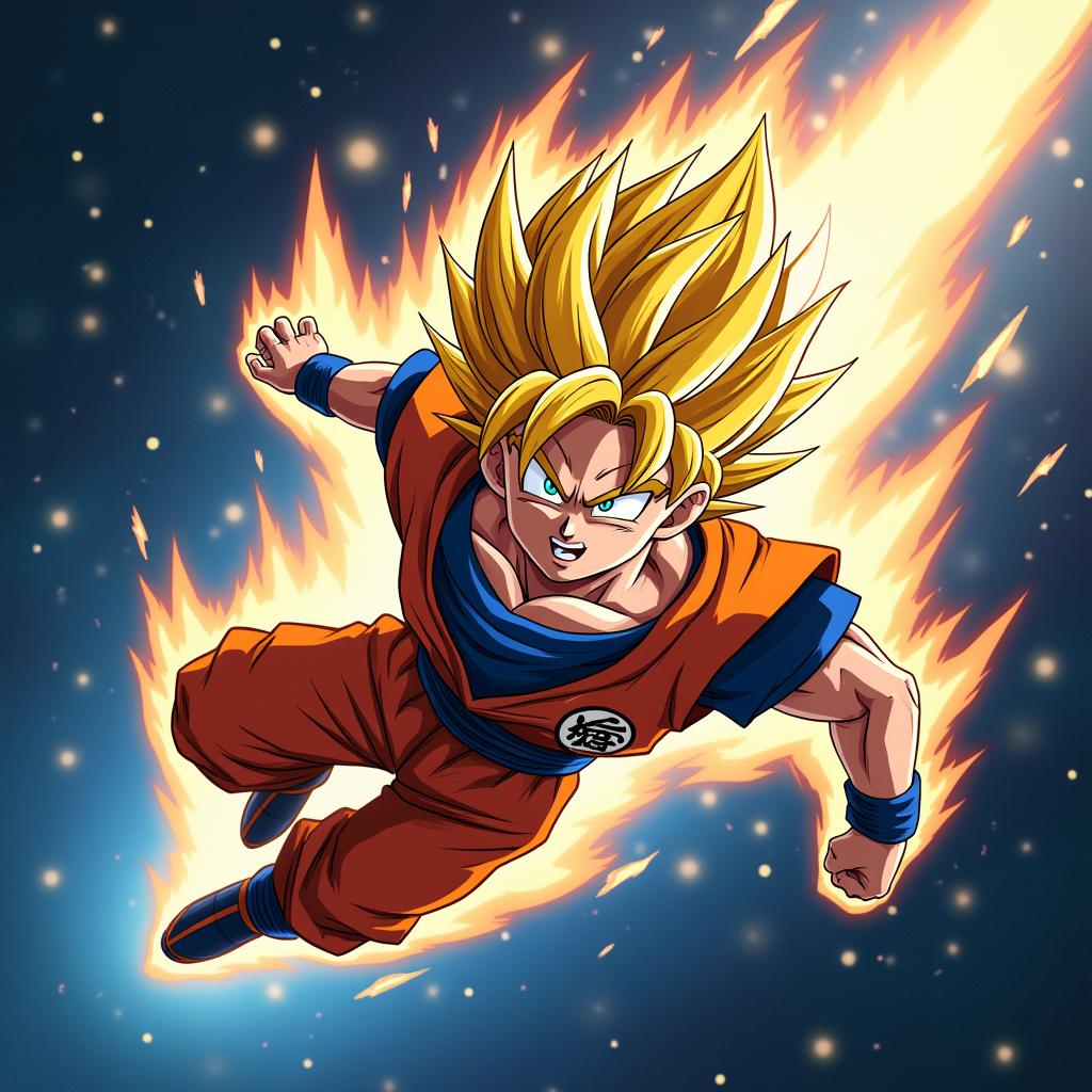 Goku in his Super Saiyan form flying through space with a backdrop of stars, nebulae, and galaxies