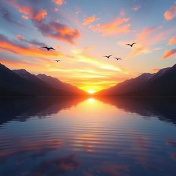 Create an image of a beautiful sunrise over a serene lake with mountains in the background