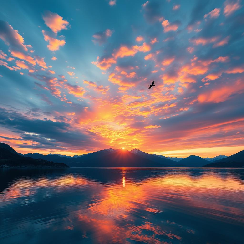 Create an image of a beautiful sunrise over a serene lake with mountains in the background