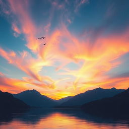 Create an image of a beautiful sunrise over a serene lake with mountains in the background