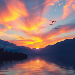 Create an image of a beautiful sunrise over a serene lake with mountains in the background