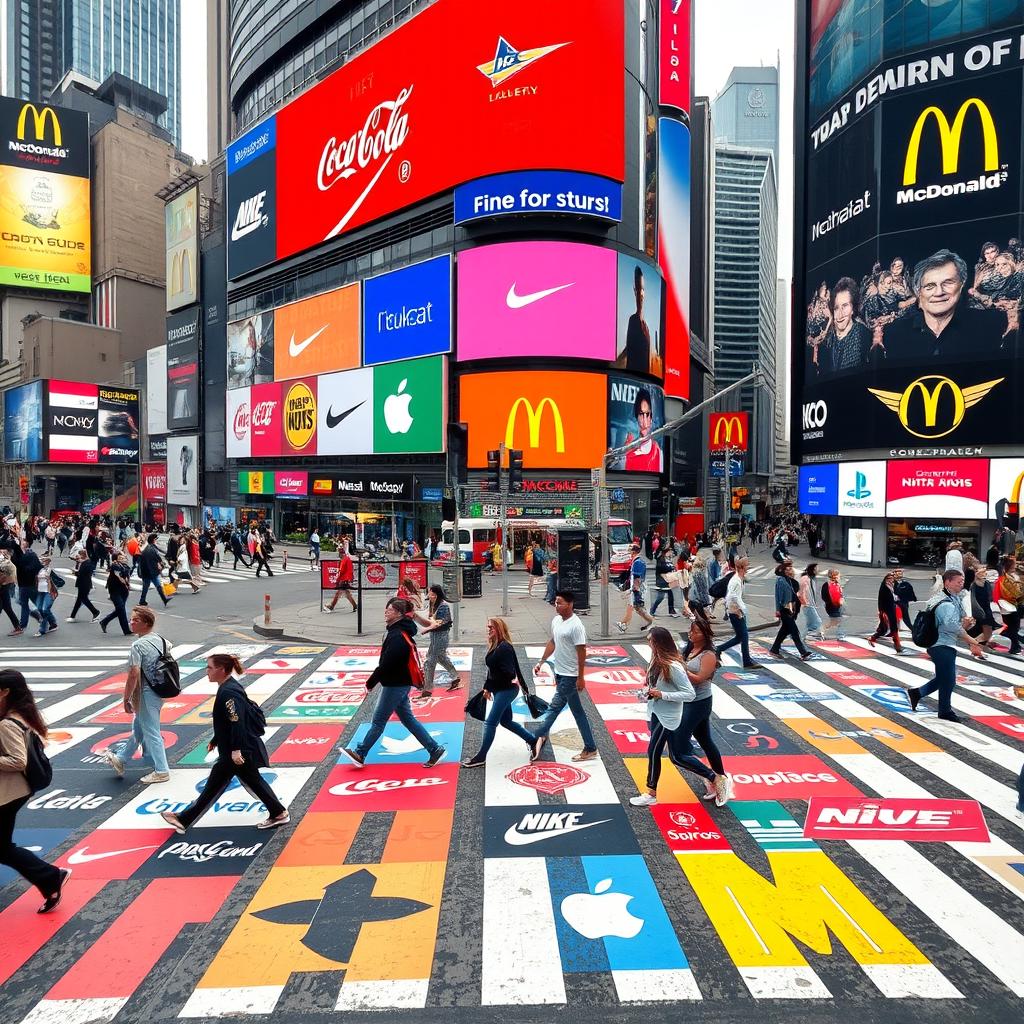 A bustling pedestrian crosswalk at an intersection, decorated with various international brand logos