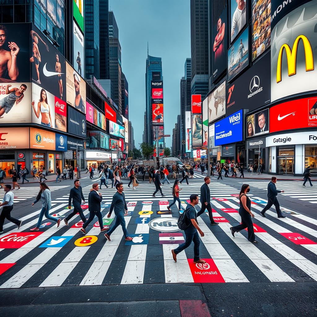 A bustling pedestrian crosswalk at an intersection, decorated with various international brand logos