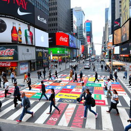 A bustling pedestrian crosswalk at an intersection, decorated with various international brand logos