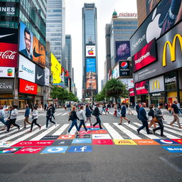 A bustling pedestrian crosswalk at an intersection, decorated with various international brand logos