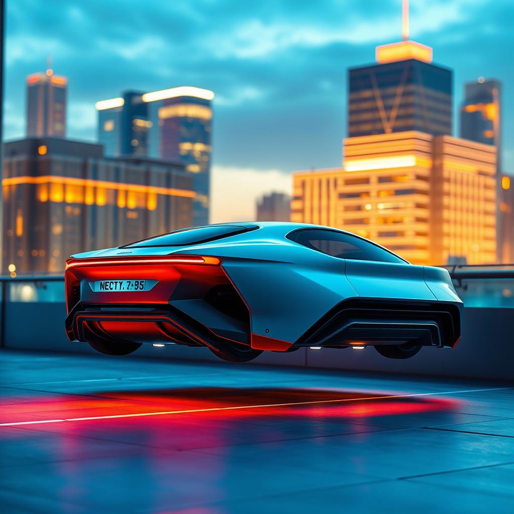 A futuristic car with sleek lines and a minimalist design, set against a modern cityscape