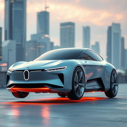 A futuristic car with sleek lines and a minimalist design, set against a modern cityscape