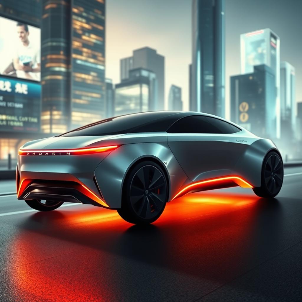 A futuristic car with sleek lines and a minimalist design, set against a modern cityscape