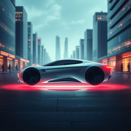 A futuristic car with sleek lines and a minimalist design, set against a modern cityscape