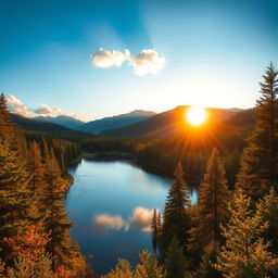 Generate an image of a beautiful and serene landscape featuring a peaceful lake surrounded by lush forests and mountains in the background