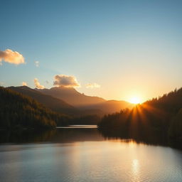 Generate an image of a beautiful and serene landscape featuring a peaceful lake surrounded by lush forests and mountains in the background