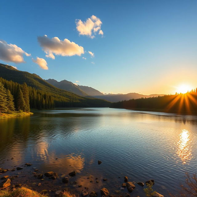 Generate an image of a beautiful and serene landscape featuring a peaceful lake surrounded by lush forests and mountains in the background