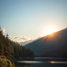 Generate an image of a beautiful and serene landscape featuring a peaceful lake surrounded by lush forests and mountains in the background